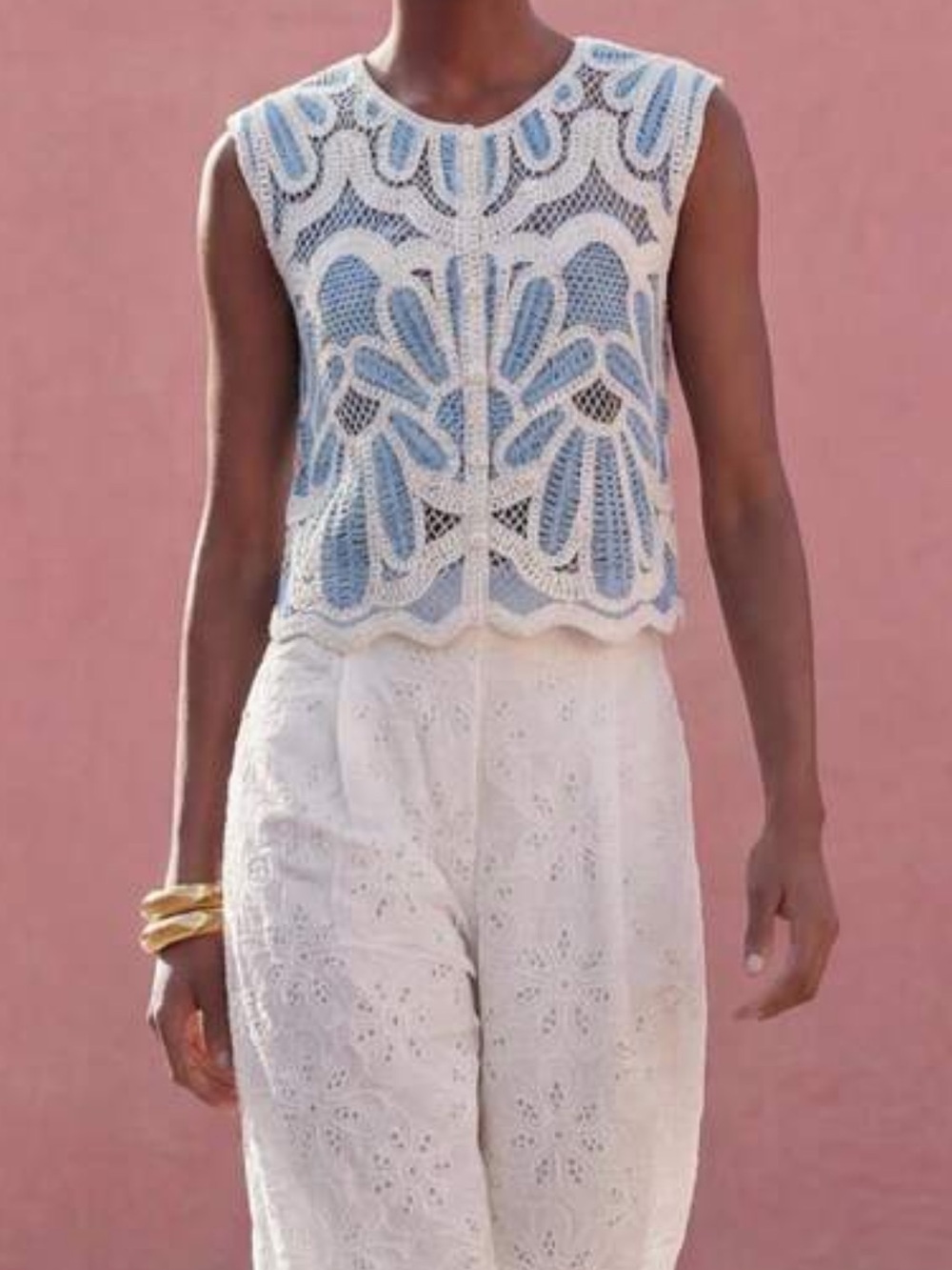 Sleeveless Crochet Overlay Button-Down Top in Light Blue and White